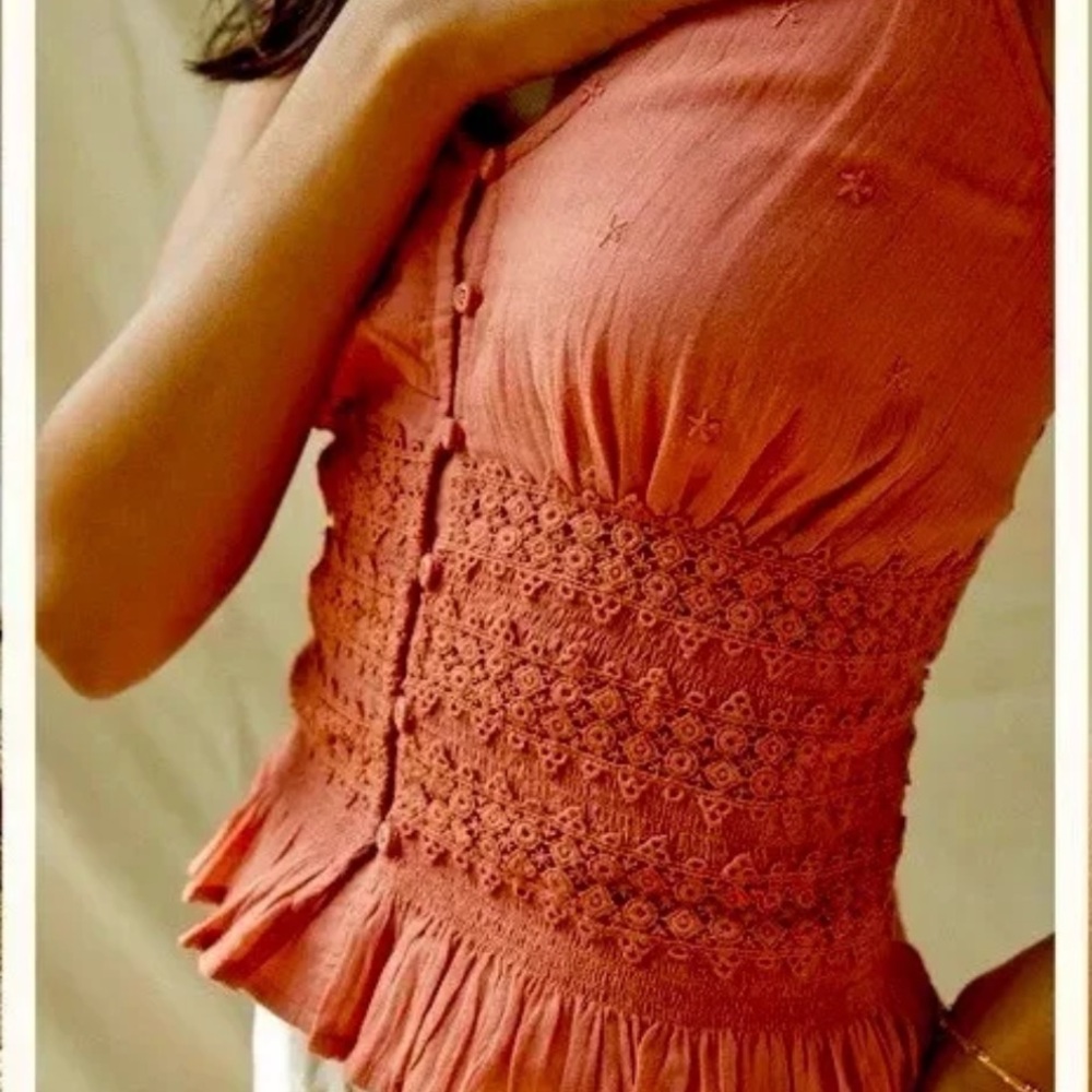 Anthropologie Forever That Girl Eyelet Dark Coral Embroidered Tank Top S…